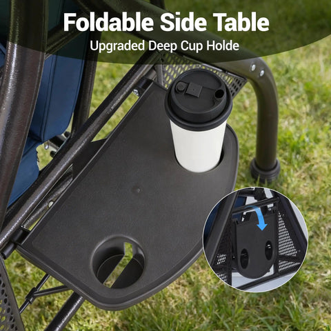 Foldable side table of Three Seat Outdoor Porch Swing With Adjustable Canopy And 2 In 1 Convertible Bed For Backyard Blue With Cup Holder