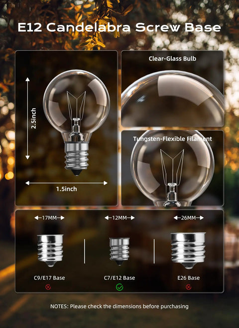 G40 Globe Light Bulbs For Outdoor String Lights Clear Glass E12 Candelabra Base 5W 120V Incandescent Warm White Dimmable Vintage Edison Style Bulbs With Retro Vibe For Patio Cafe Bistro Decor 25 Pack