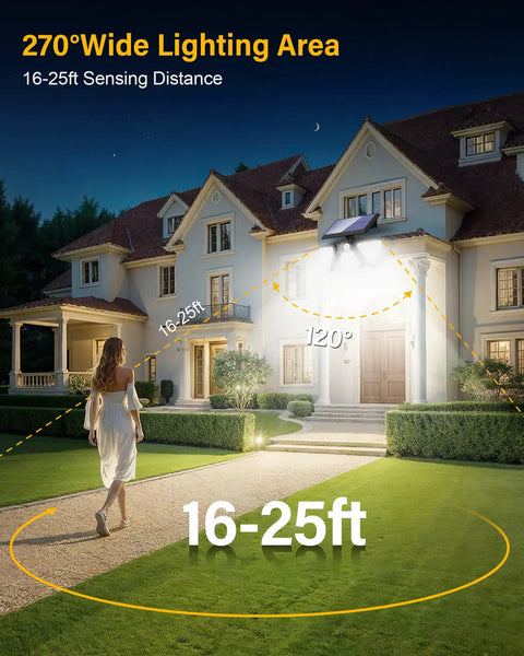 Solar Lights Outdoor Waterproof 180 LED 3 Heads Motion Sensor Flood Lights With 270 Degree Wide Angle illuminating house entrance