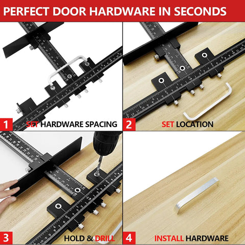 Steps of using Cabinet Hardware Jig Punch Locator Adjustable Drill Guide For Handles And Knobs in cabinetry installation.