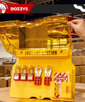 Lockout Tagout Kit and Wall Station for OSHA Safety, 6-Position Lockout Station with 3 Keyed-Different Padlocks visible in warehouse