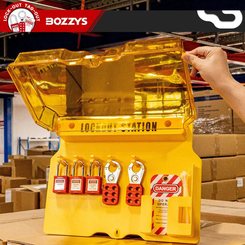 Lockout Tagout Kit and Wall Station for OSHA Safety, 6-Position Lockout Station with 3 Keyed-Different Padlocks visible in warehouse