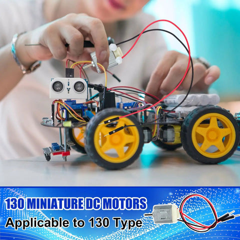 Person assembling model car using Bulk 50 Pack 130 Mini DC Motors With Wire Leads For Fans Robotics Drones Tiny Electronics Model Cars And DIY Projects 1V To 6V Type 130 Micro Motors Ideal For Hobbyists And Makers.