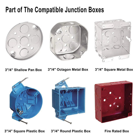 Compatible junction boxes for 10 Pack 4 Inch LED Low Profile Disk Light Recessed and Surface Mount Round with white finish.