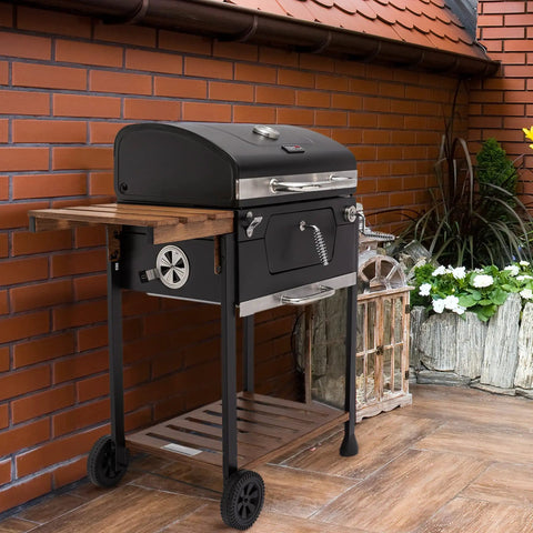 24 Inch Charcoal Grill With Folding Table And Handle Grilling Ready Backyard BBQ Smoker 490 Sq In Total Cooking Space