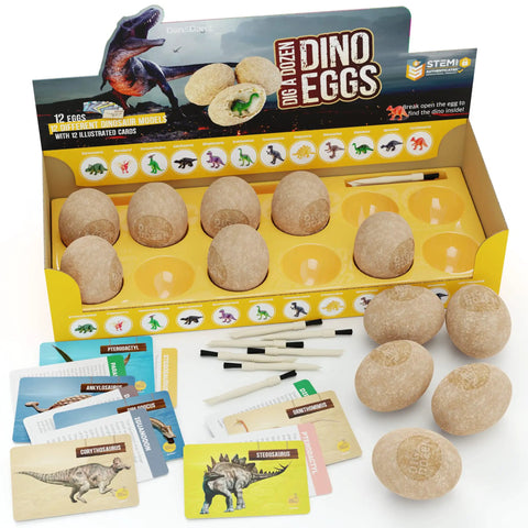 Dig Up 12 Dino Eggs And Uncover 12 Unique Dinosaur Models With A Totally Hands On Dino Dig Kit for kids aged 3 to 12.