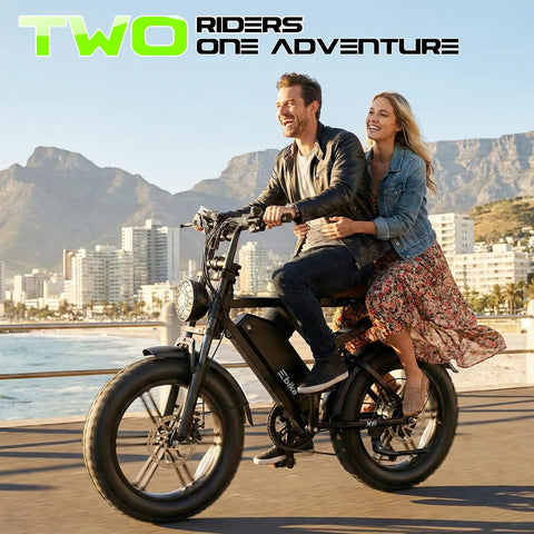 Couple riding All-Terrain Electric Mountain Bike For Adults With Peak 1500W Motor, 20x4 fat tires along a coastal path