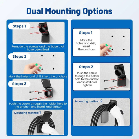Kickass Ev Charger Holder For Sae J1772 Wall Mount Quick Install Space Saving Cable Hanger installation guide with dual mounting options.
