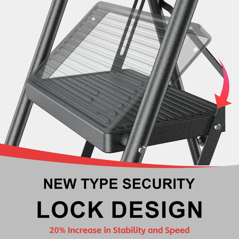 Heavy Duty 4 Step Folding Step Stool Ladder With Handrails For Home Kitchen And Garage Extendable Tall Design Non Slip Supports Up To 600 Pounds Compact Indoor House Ladder security lock step and handrail