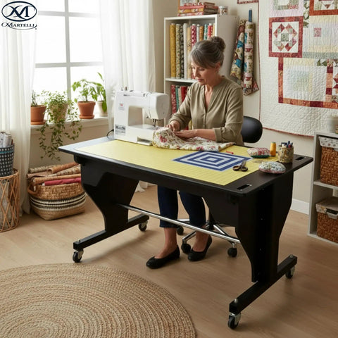 Smooth Electric Height Adjusting Sewing Table With Remote Control And Tilt Top Setup Rock Solid For Standing Or Sit Down Crafters Includes Large Cutting Mat And No Sweat Motorized Lift In Classic Black used for sewing.