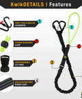KwikDETAILS safety features with carabiners, adjustable clasp, clip ends, and retractable bungee cord; product details illustration.