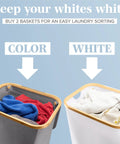 Breathable Fabric Laundry Hamper With Lid, Bamboo Frame, 26 Gallon Gray Basket, side by side with a white version for sorting clothes.