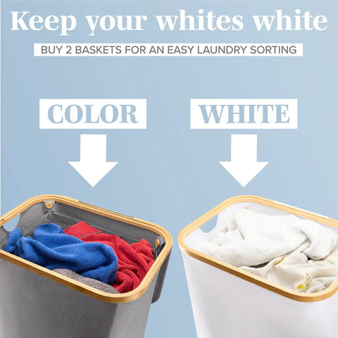Breathable Fabric Laundry Hamper With Lid, Bamboo Frame, 26 Gallon Gray Basket, side by side with a white version for sorting clothes.