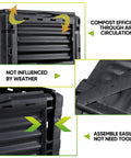 80 Gallon Garden Compost Bin Made From BPA Free Material showing black panels, air circulation design, and weather resistance features.
