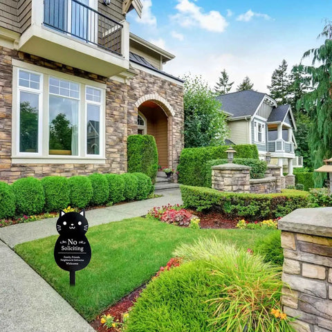 No Soliciting Sign For Home And Yard, Funny Black Cat Metal Sign, 16.5 By 7.1 Inches, Easy Inground Yard Stake in garden setting