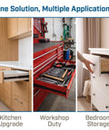 Heavy Duty Bottom Mount Drawer Slides For Kitchen Cabinets And Furniture Drawers installed in kitchen, workshop, and bedroom settings.