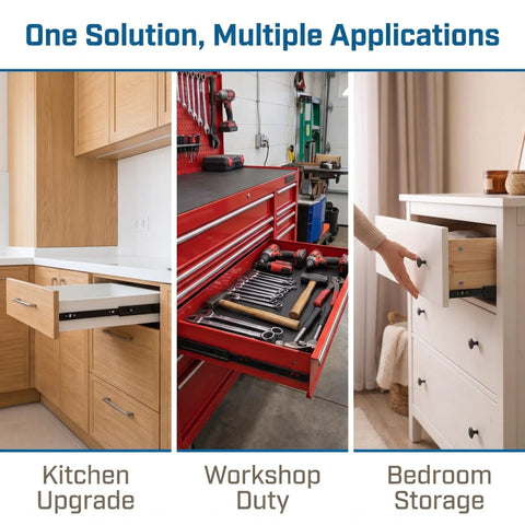 Heavy Duty Bottom Mount Drawer Slides With Soft Close Design in kitchen, workshop, and bedroom settings for versatile use.