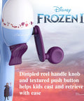 Close-up of Frozen Themed Kids Fishing Set With 2'6 Rod and Reel featuring dimpled handle and textured push button for young anglers.