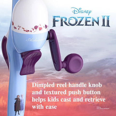 Close-up of Frozen Themed Kids Fishing Set With 2'6 Rod and Reel featuring dimpled handle and textured push button for young anglers.