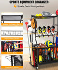 Heavy Duty Rolling Garage Organizer With Wheels For Indoor Sports Gear Storage Including Golf Bags Balls Bats Rackets Skates Mats And More All In One Storage Rack With Basket And Hooks Black Large showing baskets and bins filled with gear
