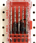Top Shelf Depth Adjustable Countersink Drill Bit Set Measuring 11 64 Inch in a clear storage container hung on a pegboard.