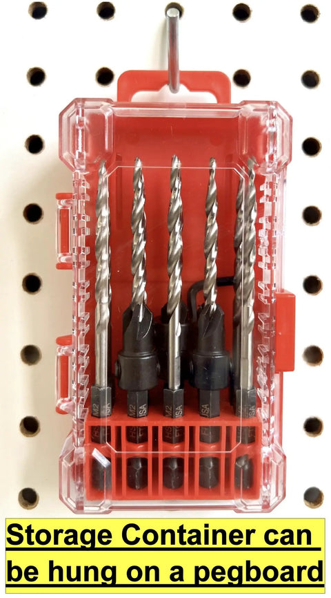 Top Shelf Depth Adjustable Countersink Drill Bit Set Measuring 11 64 Inch in a clear storage container hung on a pegboard.