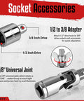 Twelve Piece Spark Plug Socket Set With Three Eighths Inch Drive Ratchet Handle Mirror Polished Sockets Spark Plug Gapper Universal Joint And Extension Bars With Rubber Retaining Ring shown with 3/8" drive adapter and universal joint.