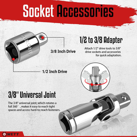 Twelve Piece Spark Plug Socket Set With Three Eighths Inch Drive Ratchet Handle Mirror Polished Sockets Spark Plug Gapper Universal Joint And Extension Bars With Rubber Retaining Ring shown with 3/8" drive adapter and universal joint.