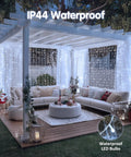 Outdoor setup with 200 LED white curtain lights with remote for 6.5 ft by 6.5 ft window backdrop USB powered, showing IP44 waterproof feature.