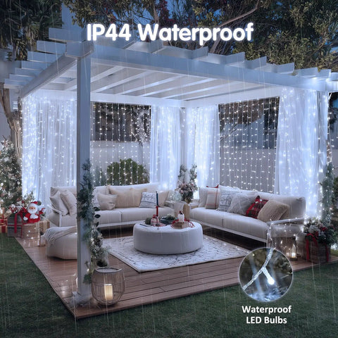 Outdoor setup with 200 LED white curtain lights with remote for 6.5 ft by 6.5 ft window backdrop USB powered, showing IP44 waterproof feature.