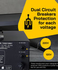 Back view of heavy duty 3000 watt voltage converter transformer with dual circuit breaker protection for 110V to 220V systems