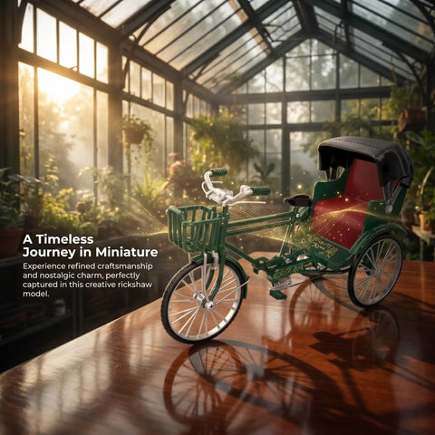 Deadset Cool Design 1:12 Scale Alloy Tricycle Model And Three Wheeled Rickshaw Miniature Figurine In Green on a wooden table.
