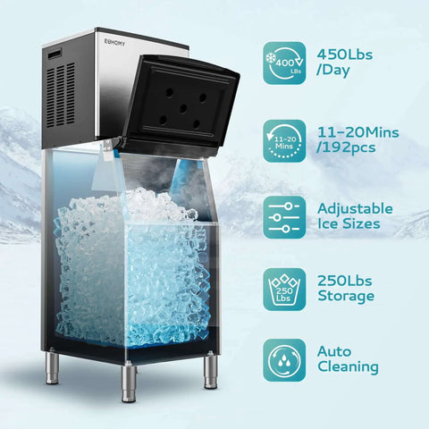 Heavy-Duty Industrial Ice Maker Machine With 450 Lbs Per 24 Hours Output And 250 Lbs Storage Bin ETL Certified Stainless Steel Clear Ice Maker For Bar Cafe Restaurant, with visible ice bin.