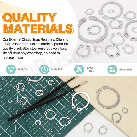 211 Piece External Snap Ring Kit In 304 Stainless Steel With Tweezers, 21 Sizes From M4 To M19 displayed on a cutting mat