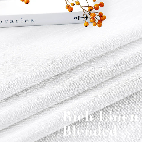 Close-up of white linen sheer curtains fabric showing texture for White Linen Sheer Curtains For Living Room Cozy Farmhouse Style Flax Linen Blend Light Filtering Privacy Drapes 52 Wide By 84 Long Set Of 2 Grommet Panels Pure White.
