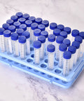 Six Pack Plastic Test Tube Holder Rack With Silicone Pad For 5 10 15 Milliliter Tubes 18 mm Hole Diameter 50 Holes Detachable Blue Lab Storage Organizer For Your Bench