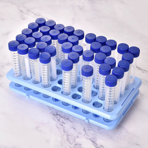 Six Pack Plastic Test Tube Holder Rack With Silicone Pad For 5 10 15 Milliliter Tubes 18 mm Hole Diameter 50 Holes Detachable Blue Lab Storage Organizer For Your Bench