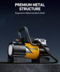 Portable Tire Inflator Air Compressor For Car And Bike 12V DC Digital Gauge Up To 150 PSI with ergonomic metal handle.