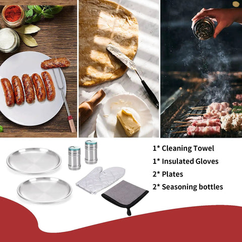 Grab And Go Ready Complete Camping Cooking Utensils Set with plates, gloves, seasoning bottles for outdoor kitchens and grilling.