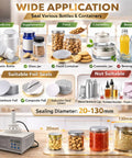 Infographic showing the use of a 20 To 130mm Induction Heat Sealer Portable Handheld Bottle Cap Sealing Machine For Plastic And Glass Bottles 110V with various containers.