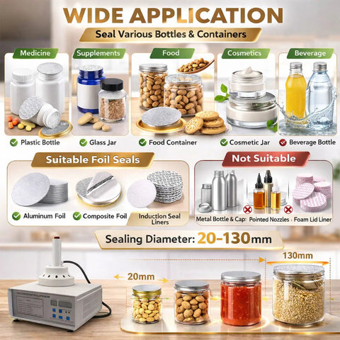 Infographic showing the use of a 20 To 130mm Induction Heat Sealer Portable Handheld Bottle Cap Sealing Machine For Plastic And Glass Bottles 110V with various containers.