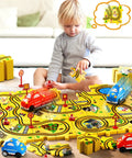 Child playing with Puzzle Racer Car Track Set for Kids Ages 3 to 6 With 48 Pieces and 2 Cars, 6 Road Signs, Buildable Tracks