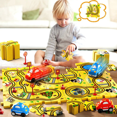 Child playing with Puzzle Racer Car Track Set for Kids Ages 3 to 6 With 48 Pieces and 2 Cars, 6 Road Signs, Buildable Tracks