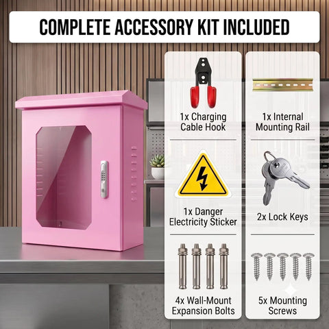 Complete accessory kit with charging cable hook, lock keys, and wall-mount bolts for Heavy Duty Galvanized Steel EV Charger Protection Housing Box.