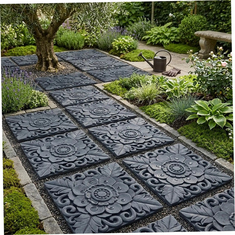 2-Pack DIY Antique Lotus Design Concrete Paver Molds For Garden Path Stepping Stones And Patio Walkway - decorative walkway installation