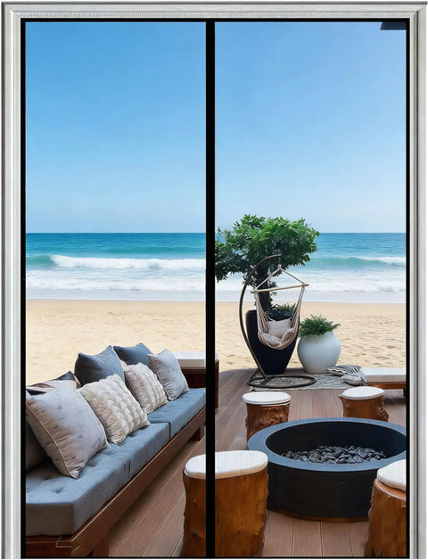 Magnetic Screen Door With Full Frame Seal And Weighted Bottom Fits 34x82 installed on patio with beach view