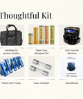 Electric Coin Counter Sorter Machine With 50 Coin Wrappers 3 In 1 US Coin Counter and accessories set, including handbag and manuals.