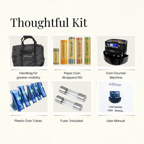 Electric Coin Counter Sorter Machine With 50 Coin Wrappers 3 In 1 US Coin Counter and accessories set, including handbag and manuals.