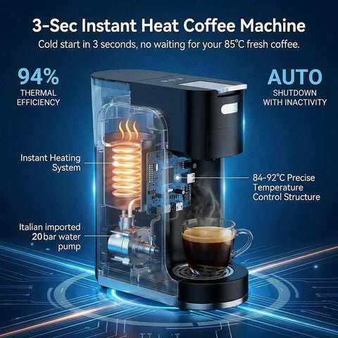 All In One Single Serve Coffee Machine For Ground Coffee K Cup Pods Nespresso Original And Dolce Gusto Pods Hot And Iced Coffee Maker With 20 Bar Espresso And Custom Brew Volume Heats Up In Three Seconds, showing internal heating system and coffee dispensing.