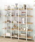 Five Tier Industrial Bookcase With White Metal Frame And Oak Shelves, Space Saving MDF Display Shelf for home decor